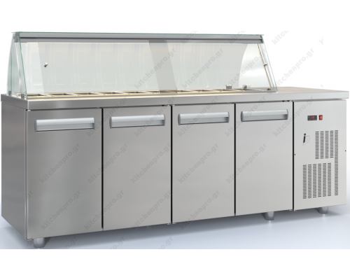 Saladette Refrigerated Counter 225 x 70 cm 4 Doors & Display, 2 Lines of GN 1/4 PSM22570SALAD, DOBROS INOX Greece